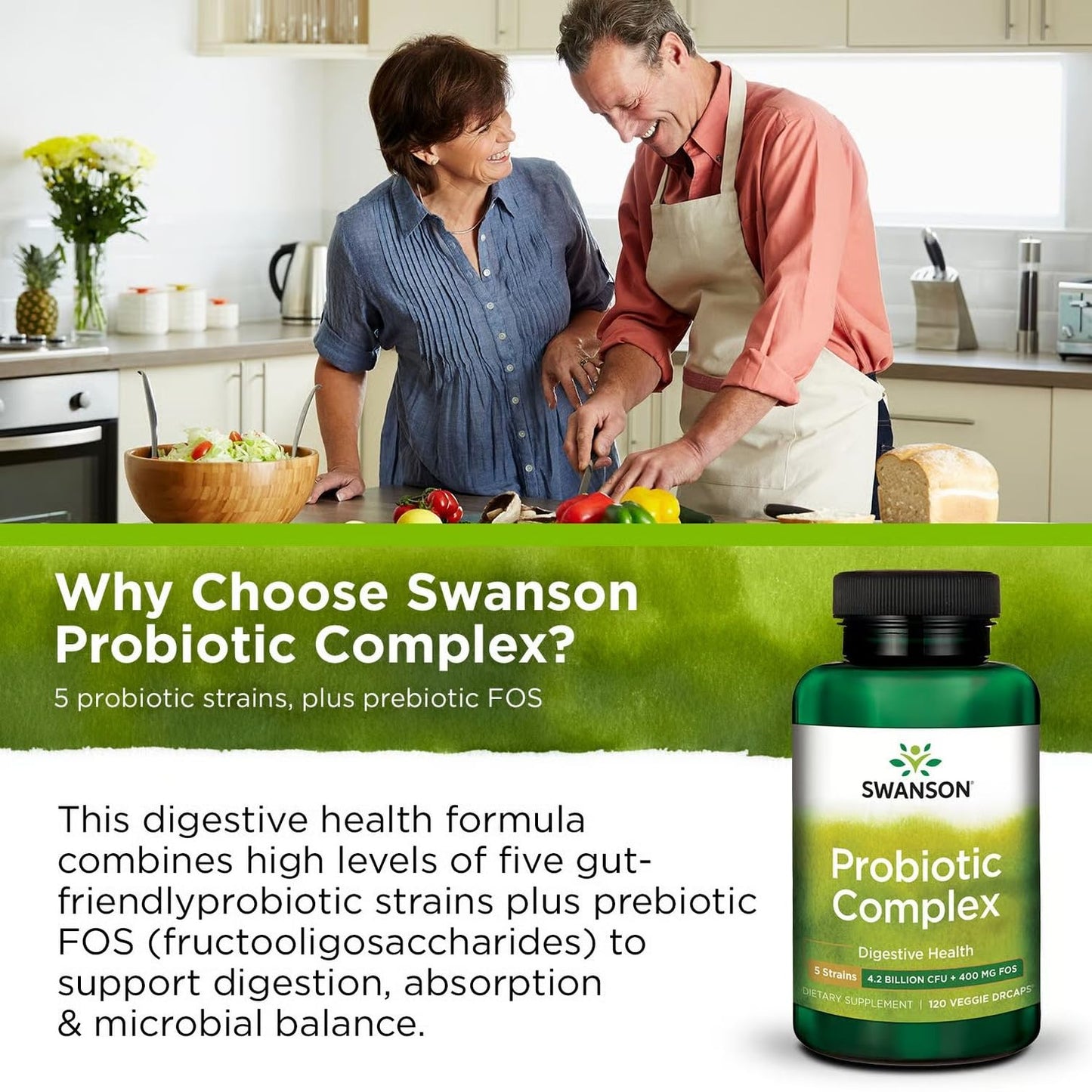 Swanson Probiotic Complex 4.2B CFU, 5-Strain | Digestive Health & Prebiotic FOS | 120 Veggie DRcaps