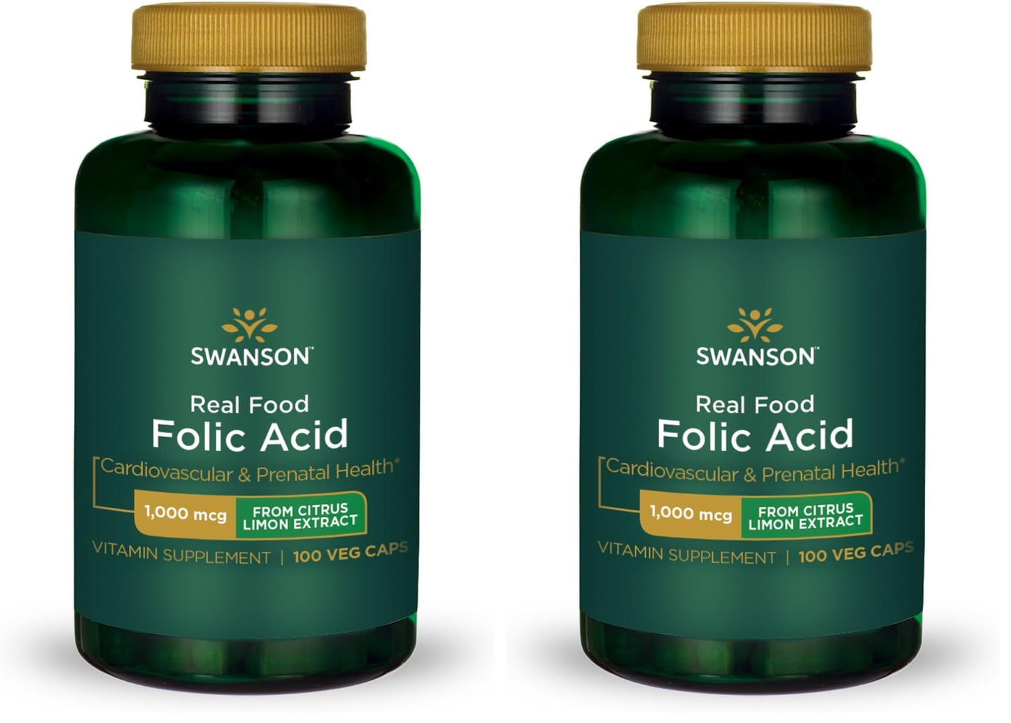 Swanson Real Food Folic Acid 1000 mcg Veggie Capsules – Prenatal Health (Vegan, Gluten-Free, Non-GMO) Pack of 2