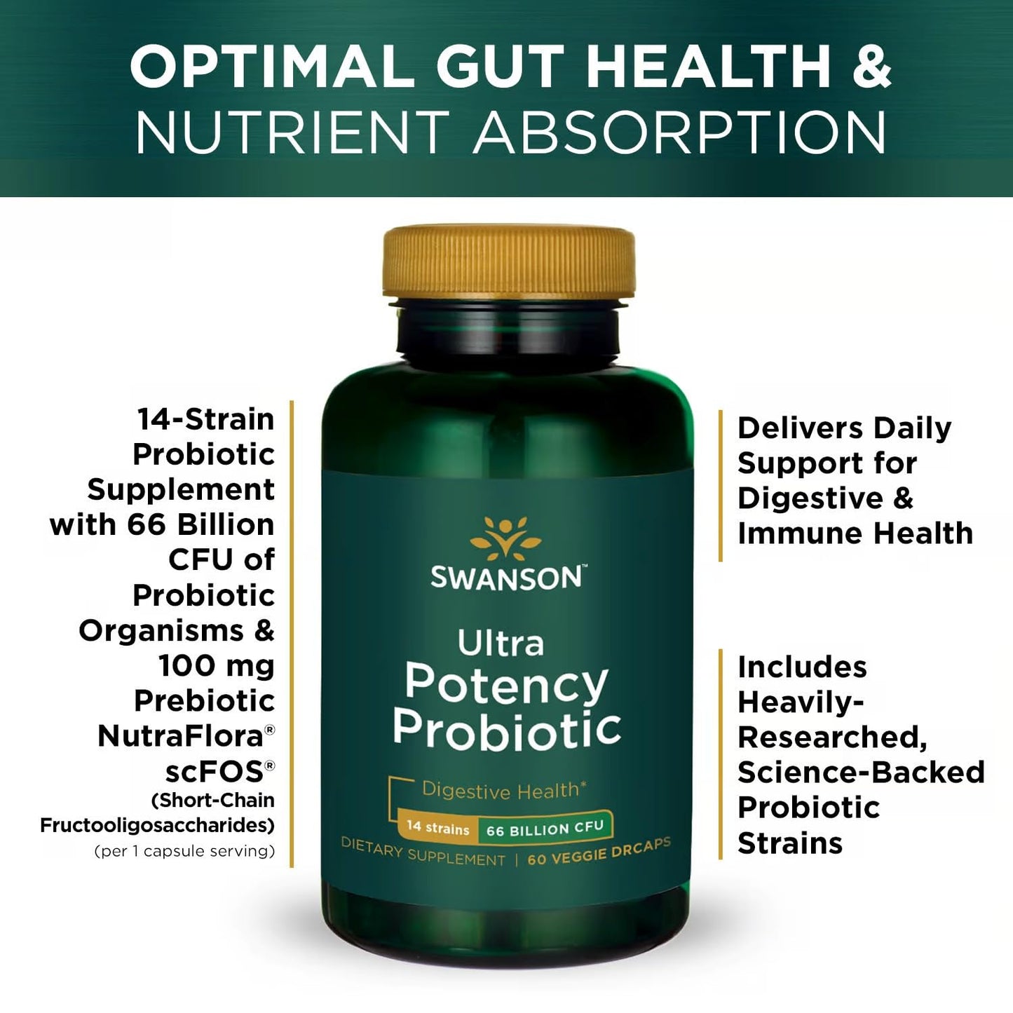 Swanson Ultra Potency Probiotic 66B CFU with 14 Strains | 60 Veggie Caps (2 Pack)