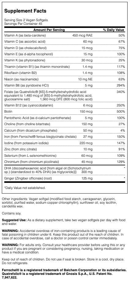 Swanson Vegan PRENATAL Multi 90 SGELS | Algal DHA, Gluten Free, Non-GMO