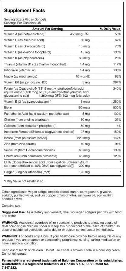 Swanson Vegan PRENATAL Multi 90 SGELS | Algal DHA, Gluten Free, Non-GMO