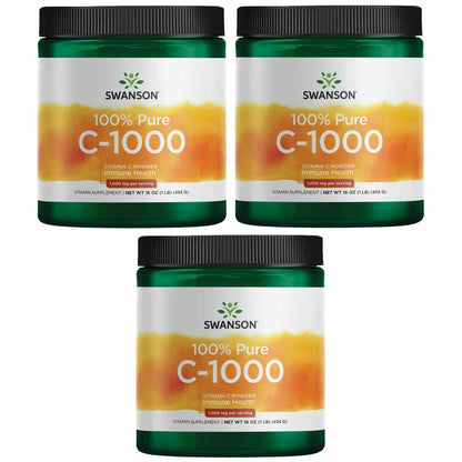 Swanson Vitamin C Powder 100% Pure Ascorbic Acid – Immune Support, Skin & Cardiovascular Health | 1000 mg per Serving, 1 lb, 3 Pack