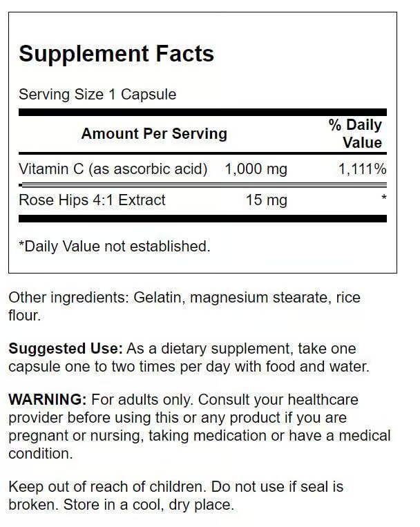 Swanson Vitamin C with Rose Hips – Immune Support, Skin & Heart Health | 90 Capsules, 1000 mg