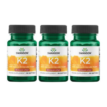 Swanson Natural Vitamin K2 MK-7 Natto 50 mcg 30 Sgels (3 Pack)