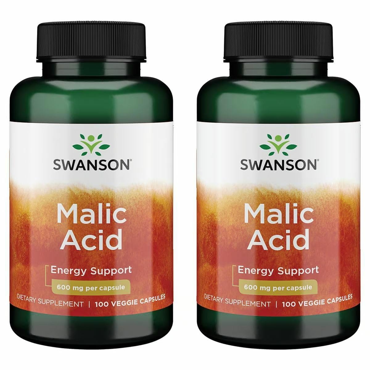 Swanson Malic Acid 600mg – Natural Energy Support for Cellular Production (2 Pack, 100 Veggie Capsules)