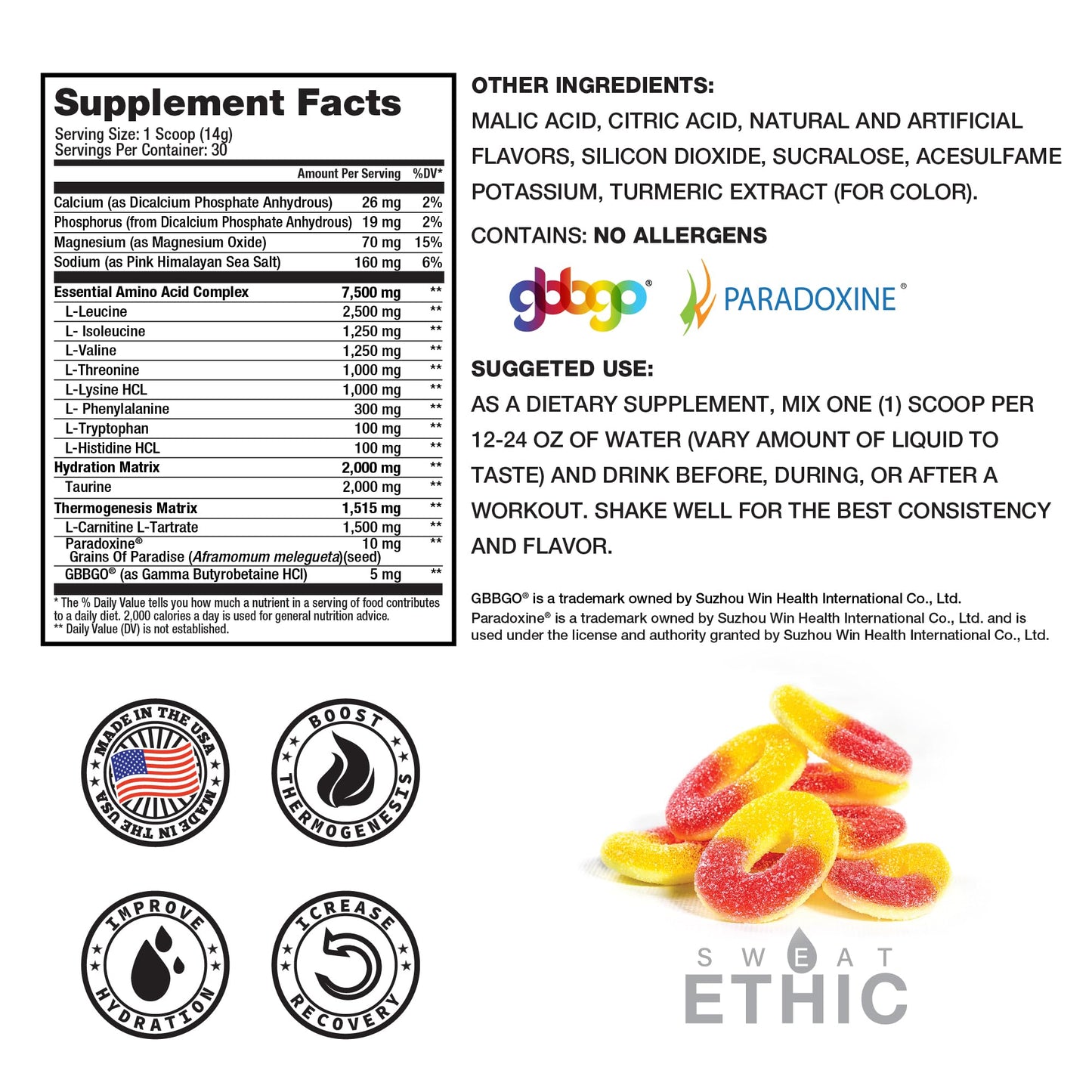 Sweat Ethic Amino Trim – Pre-Workout Powder with 7.5 g EAAs (2:1:1 BCAA) – Tropical Peach Candy