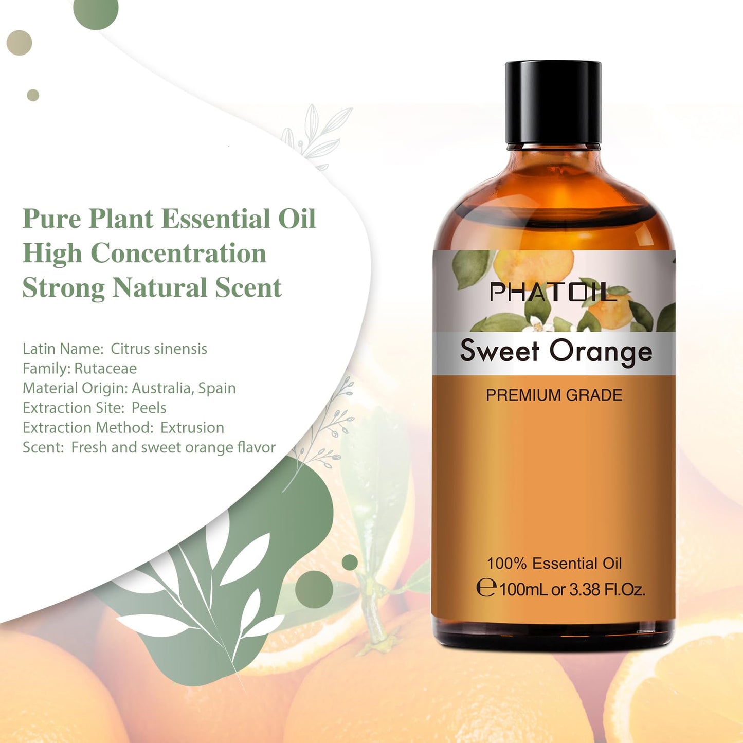 Sweet Orange Essential Oil 100ml | PHATOIL Aromatherapy for Diffuser, DIY Soap, Candle & Bath Bombs