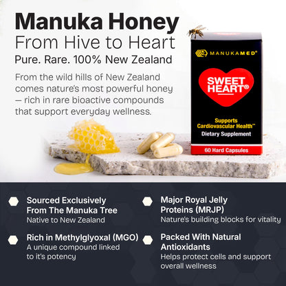 SweetHeart Natural Cholesterol Support Supplement – Manuka Honey Modified Royal Jelly Peptides, 60 Capsules | New Zealand Manuka Honey