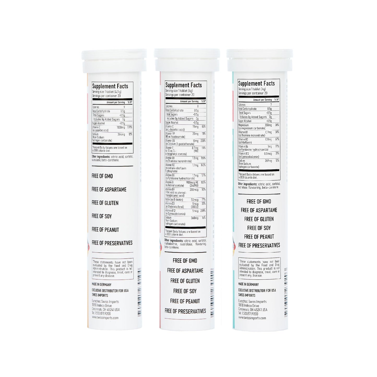 Swiss Imports Effervescent Variety Pack – Vitamin C 1000mg, Magnesium, B Complex, Biotin | 6-Pack, 120 Tablets