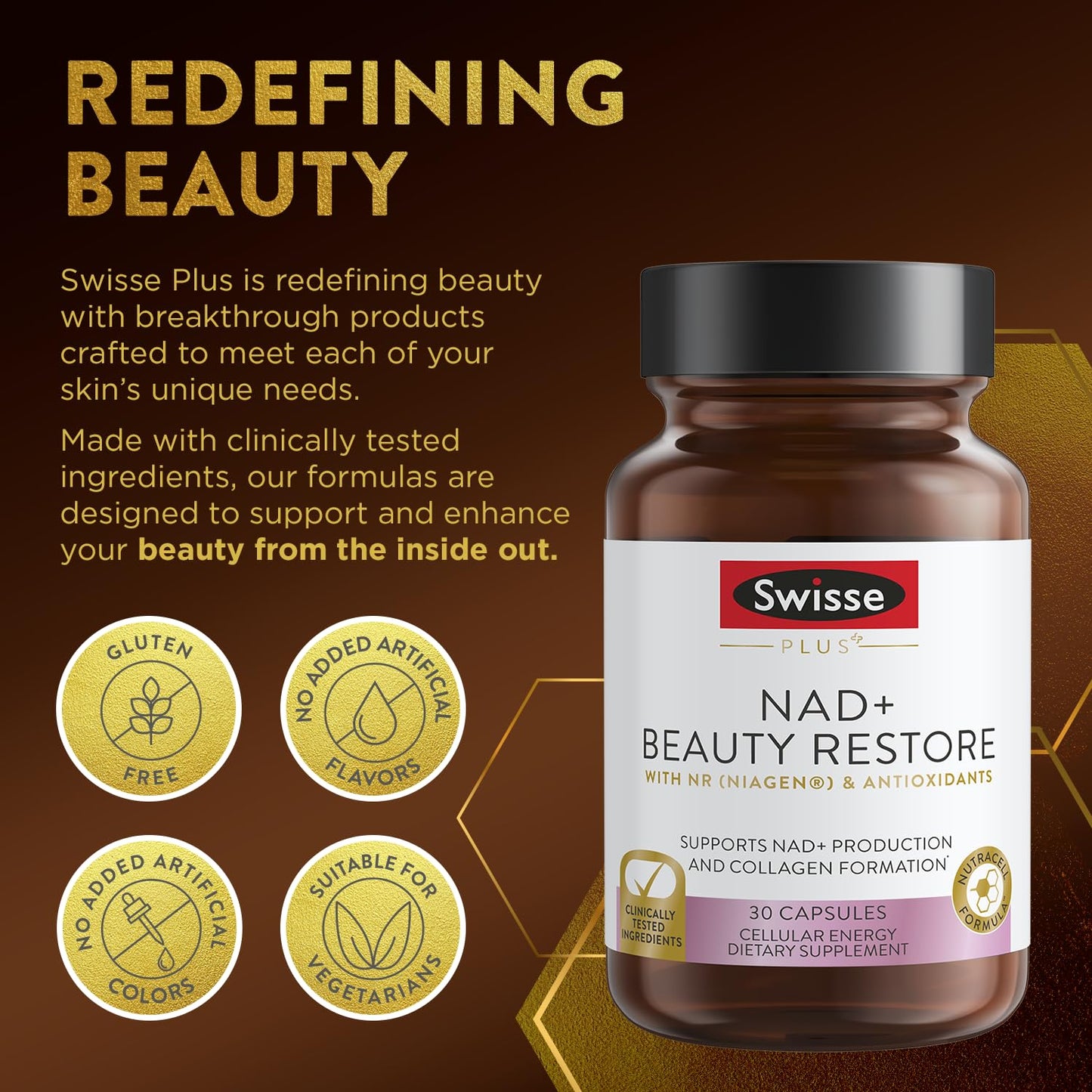 Swisse Plus NAD+ Beauty Restore | Clinically Tested NAD+ Supplement | 30 Capsules