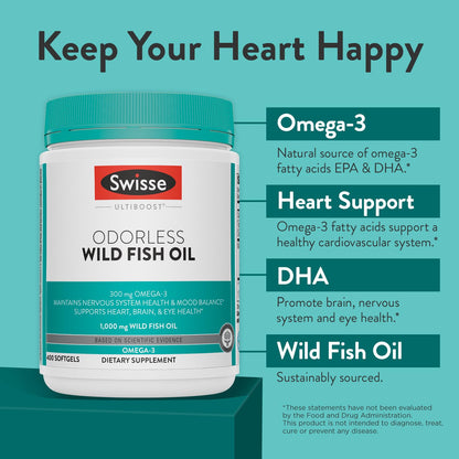 Swisse Wild Fish Oil 1000mg Odorless Softgels | Omega-3 EPA/DHA for Brain & Heart | 400 Softgels