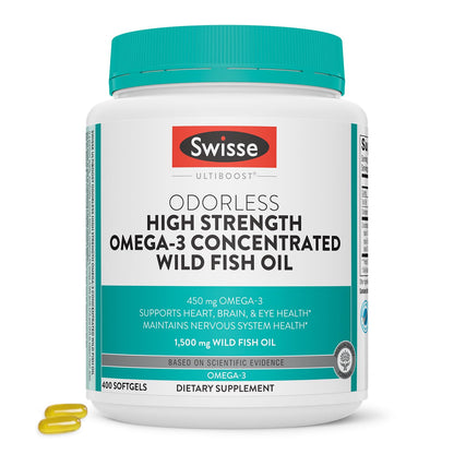 Swisse Wild Fish Oil Omega-3 1500 mg Softgels – Odorless EPA DHA for Heart, Brain & Eye Health | 400 Softgels