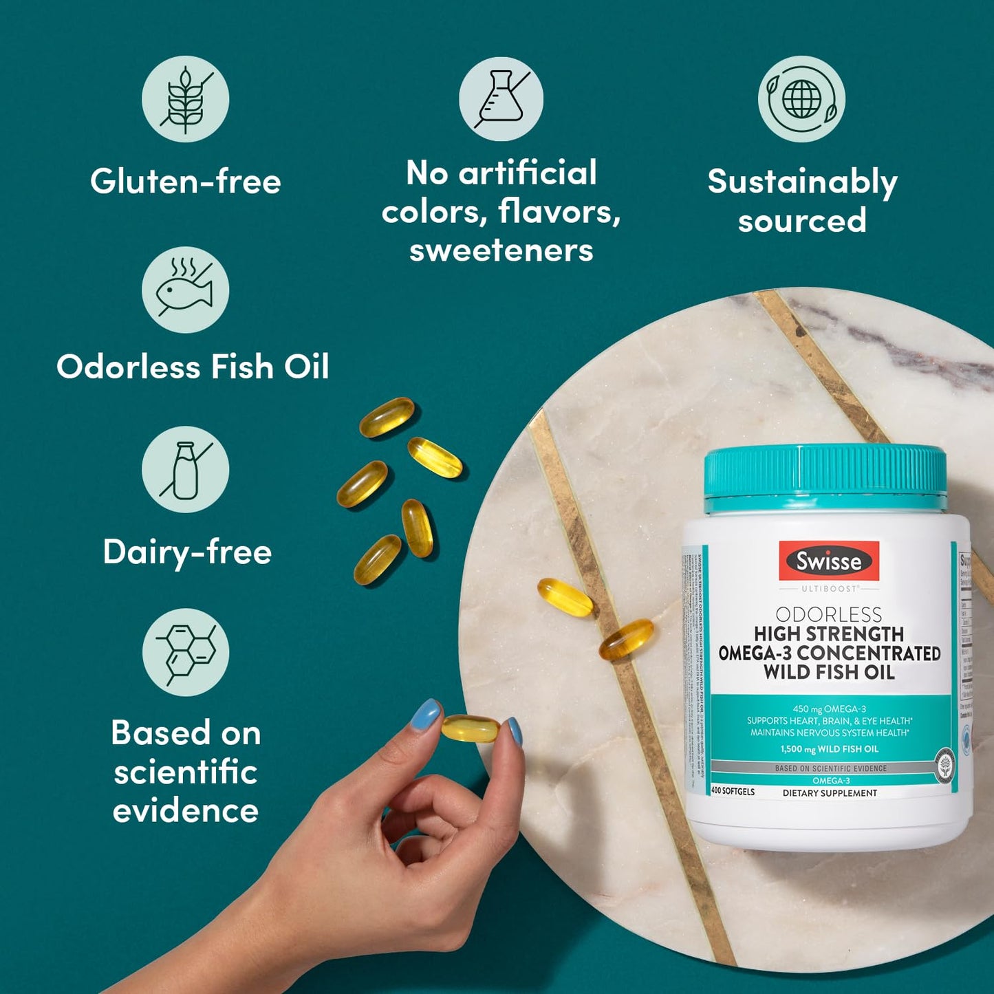 Swisse Wild Fish Oil Omega-3 1500 mg Softgels – Odorless EPA DHA for Heart, Brain & Eye Health | 400 Softgels