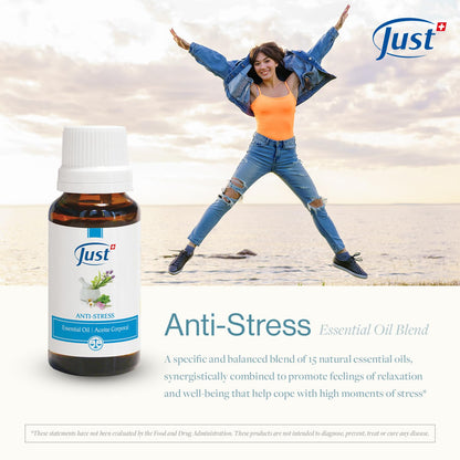 SwissJust Stress Relief Essential Oil 20ml – 15-Oil Anti-Stress Blend with Basil & Lavender