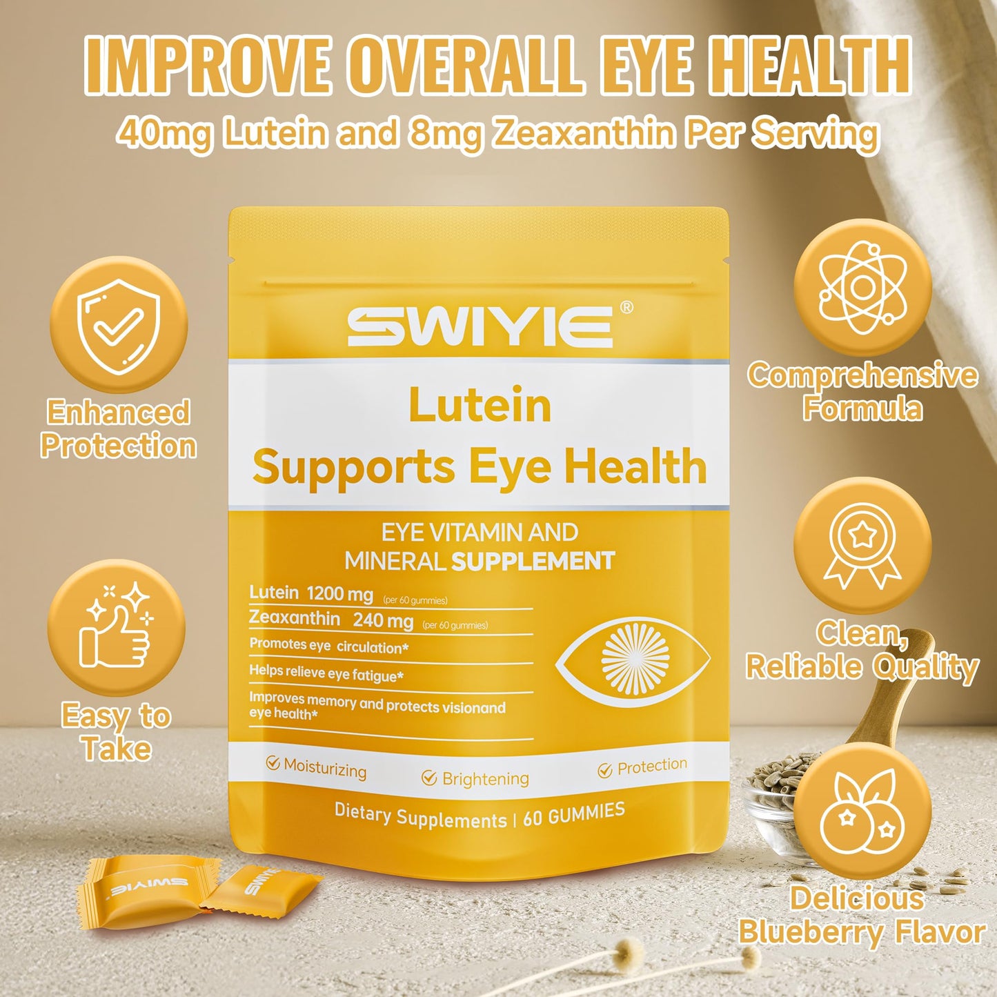 Swiyie Lutein Gummies – Eye Vitamin & Mineral Support with 20mg Lutein & 4mg Zeaxanthin | 60 Gummies
