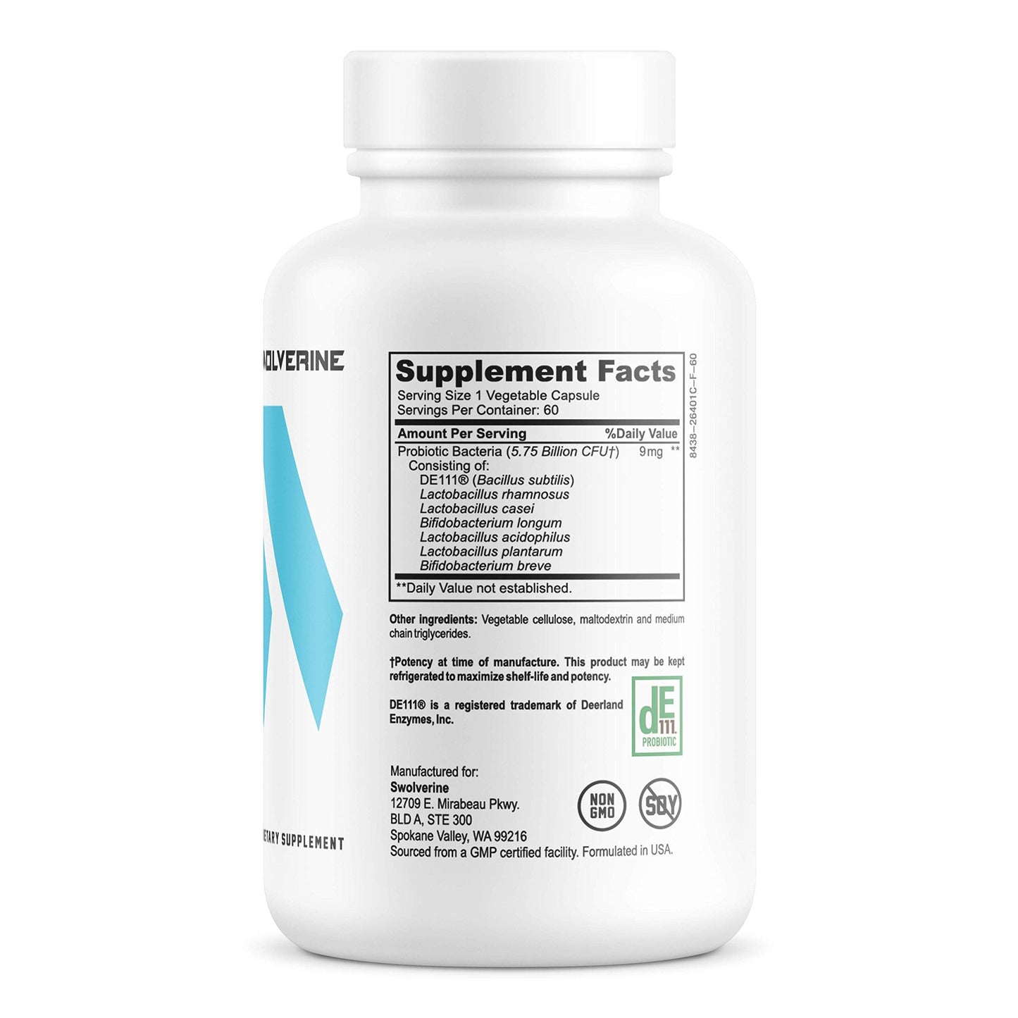 Swolverine Probiotix Probiotic Supplement | Digestive, Gut & Immune Support | DE111 Bacillus Subtilis