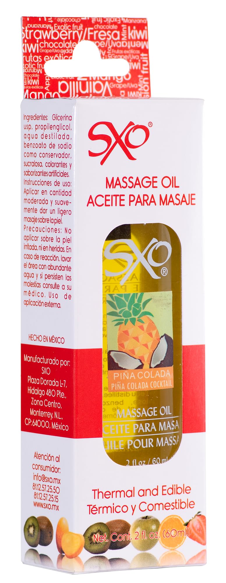 SXO Sensual Massage Oil - Assorted Flavors, Made in Mexico - 2 fl oz Piña Colada
