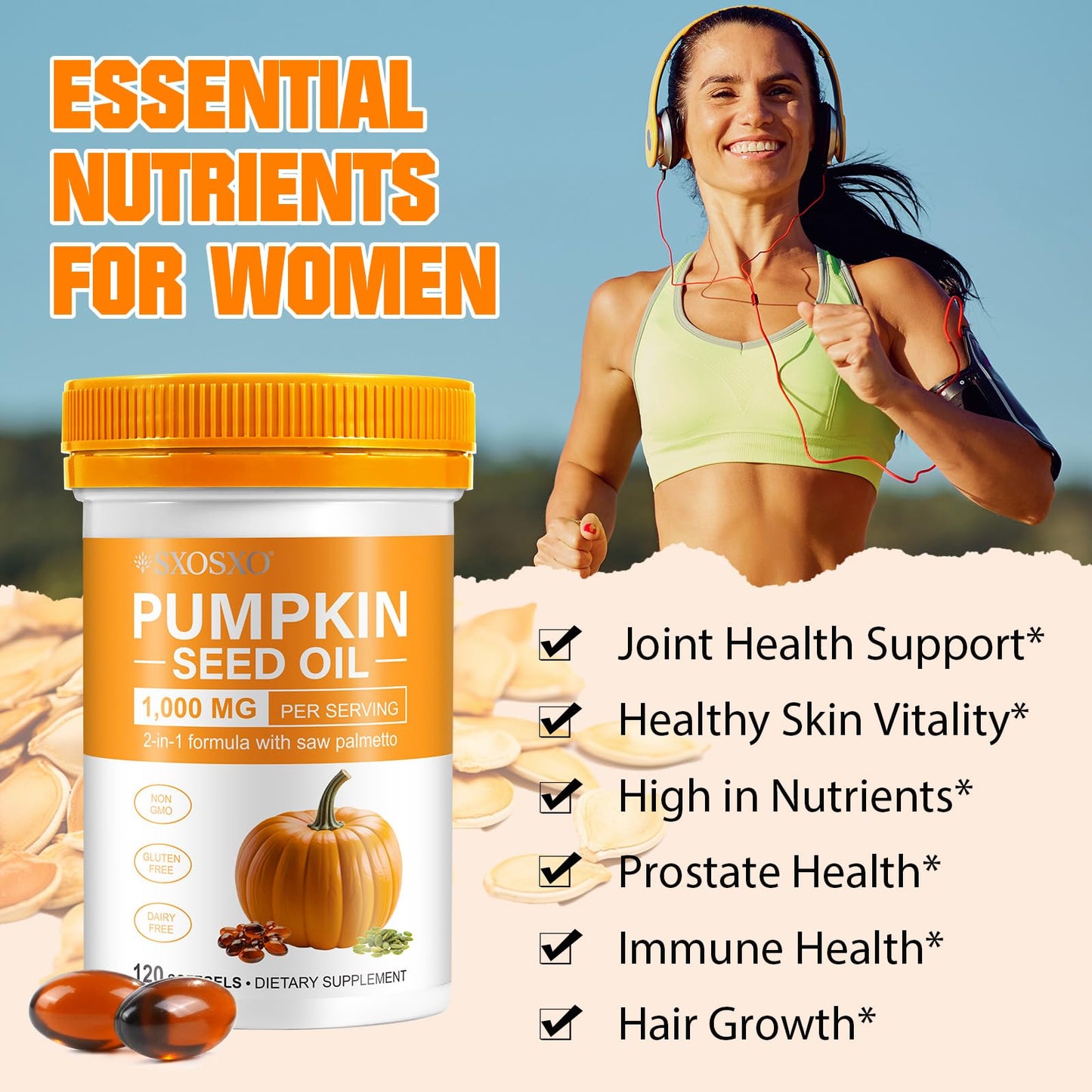 SXOSXO Pumpkin Seed Oil Capsules 1000mg with Saw Palmetto | Hair, Bladder & Prostate Support