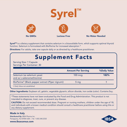 Syrel Thyroid Support Supplement – 100 mcg Selenium, 5 mg BioPerine | 30 Soft Gel Capsules