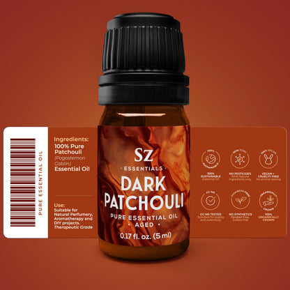 Sz Essentials 5-Year Aged Dark Patchouli Essential Oil – Premium Therapeutic Grade, 0.17 fl oz