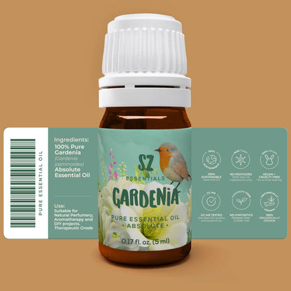 SZ Essentials Gardenia 100% Pure Essential Oil | Gardenia Jasminoides | Floral Sweet Scent • Therapeutic Grade & Vegan • 0.17oz (5ml)