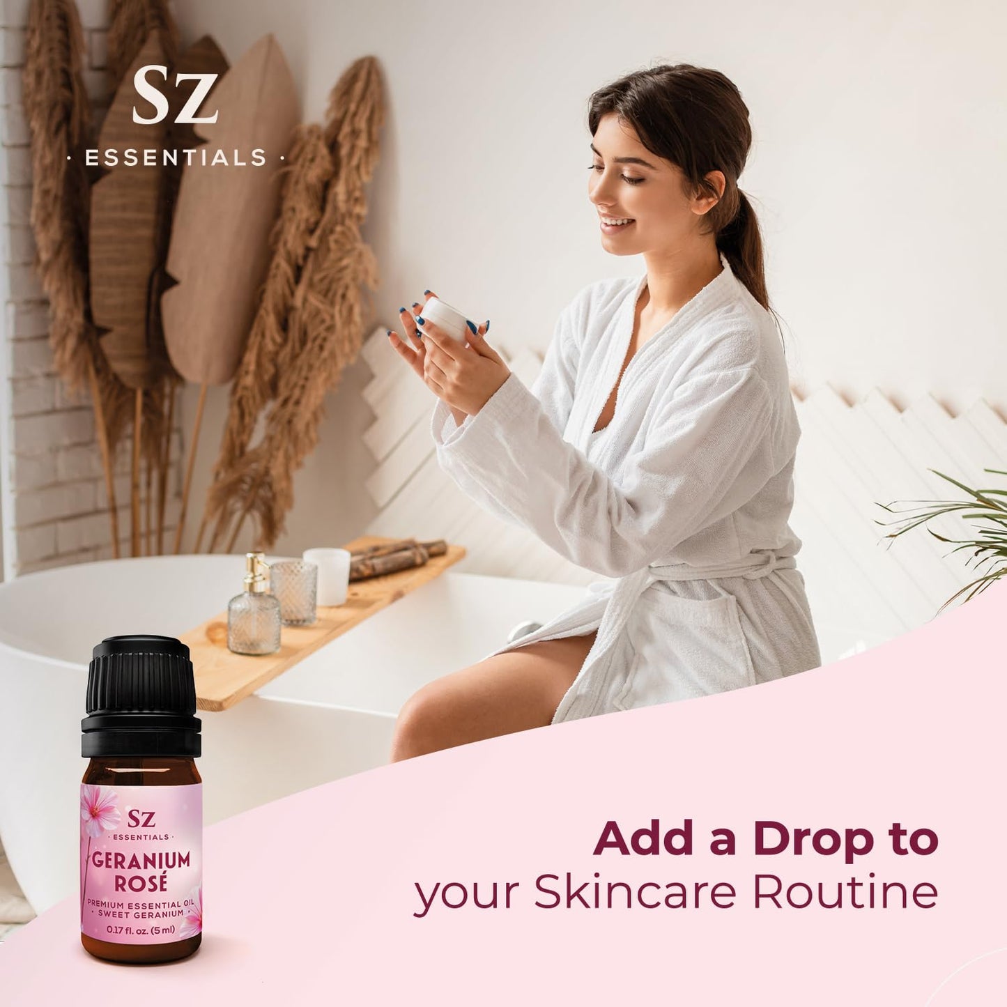 Sz Essentials – Geranium Rosé Essential Oil 5mL – 100% Pure & Natural (Pelargonium graveolens var. roseum) – Vegan & Therapeutic Grade