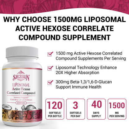 SZCZEKIN 1500mg Liposomal Active Hexose Correlated Compound — 360 Soft Gels, 8-Mushroom Blend + 300mg Beta-Glucans