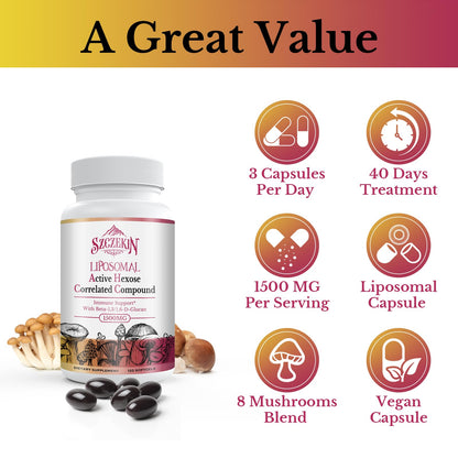 SZCZEKIN 1500mg Liposomal Active Hexose Correlated Compound — 360 Soft Gels, 8-Mushroom Blend + 300mg Beta-Glucans