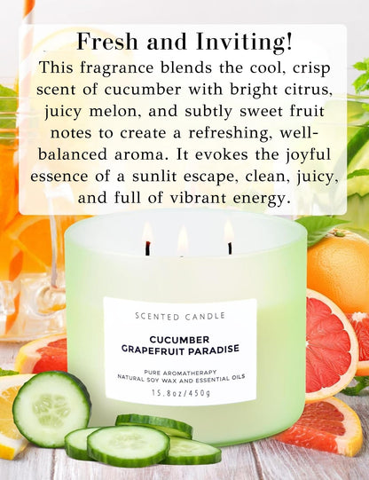 T&H Cucumber Grapefruit Paradise 3-Wick Soy Candle | 15.8 oz Fresh Citrus Aromatherapy