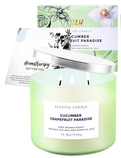 T&H Cucumber Grapefruit Paradise 3-Wick Soy Candle | 15.8 oz Fresh Citrus Aromatherapy