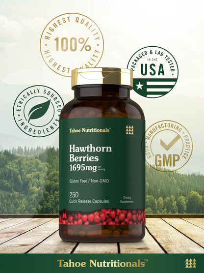 Tahoe Nutritionals Hawthorn Berry Capsules – 1695 mg per Serving, 250 Count – Non-GMO, Gluten Free