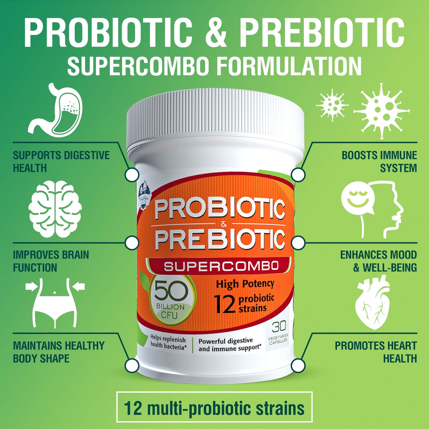 TAIGASEA 50B CFU Probiotic & Prebiotic for Women & Men – 12 Strains, 30 Veggie Capsules