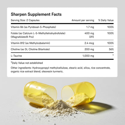 Tally Health Sharpen – Brain Supplement for Focus, Memory & Long-Term Cognitive Support | 1000mg Taurine, Choline & B-Complex | Vegan, Non-GMO