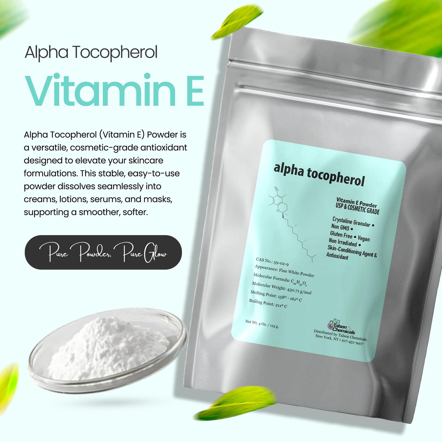 Talsen Vitamin E Powder – Alpha Tocopheryl Acetate (1 oz / 28 g), Cosmetic Grade
