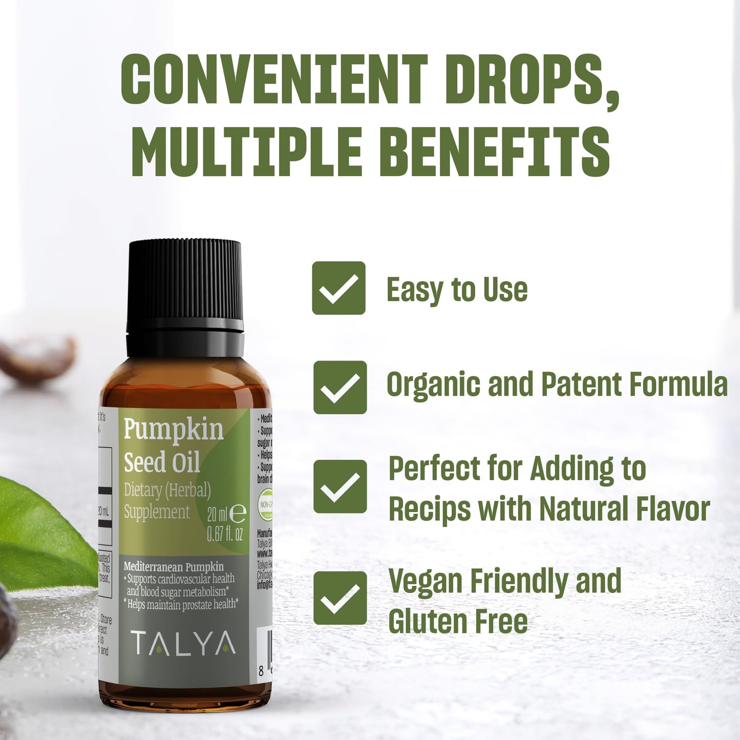 TALYA Pumpkin Seed Oil Drops – Cold-Pressed 0.67 oz | Prostate Support, Hair & Skin Health | Vegan
