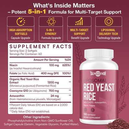 Talyvoriathor Liposomal Red Yeast Rice 1200mg – CoQ10 & Astaxanthin | Extra Strength Cholesterol & Cardiovascular Support