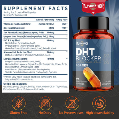 Talyvoriathor DHT Blocker for Men — Saw Palmetto & Biotin, Liquid-Filled Capsules, 180 Count