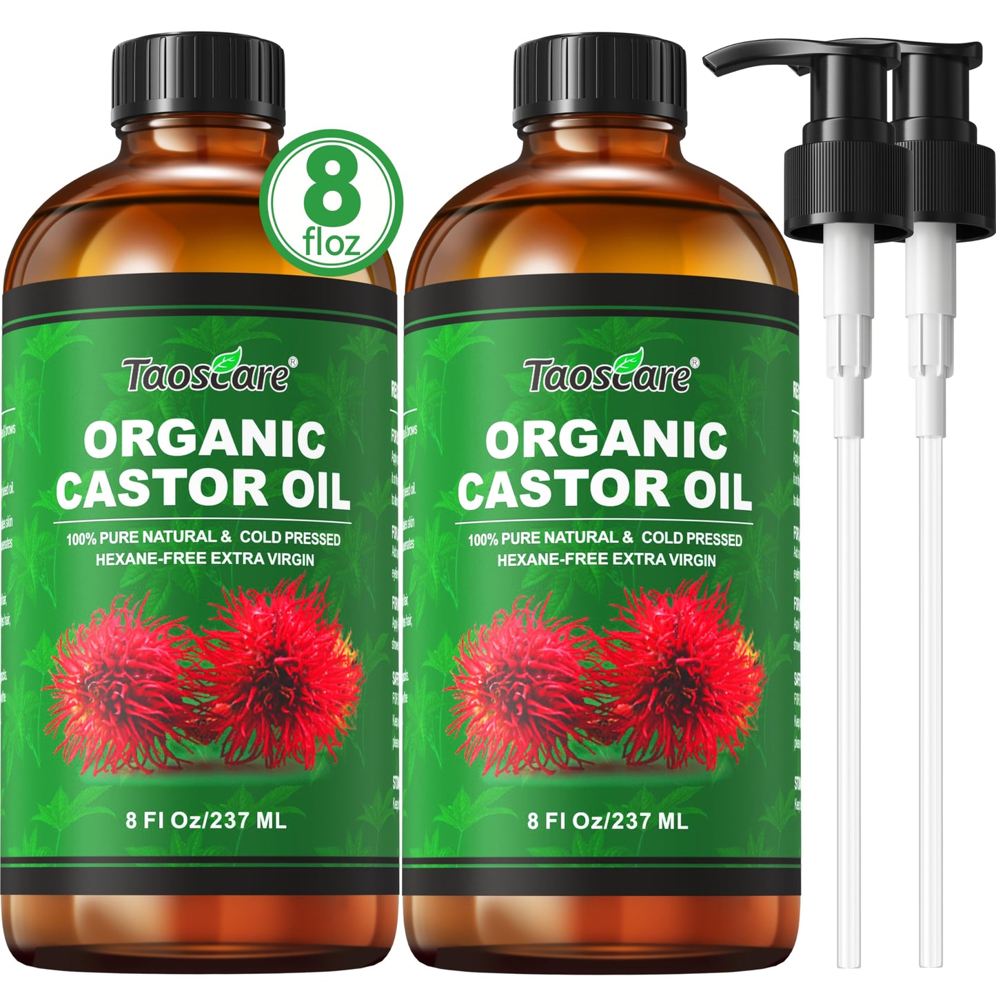 Taoscare 2 Pack Castor Oil – Organic Cold-Pressed, Unrefined with Pumps | 8 FL OZ x 2 for Hair, Skin, Lashes & Brows