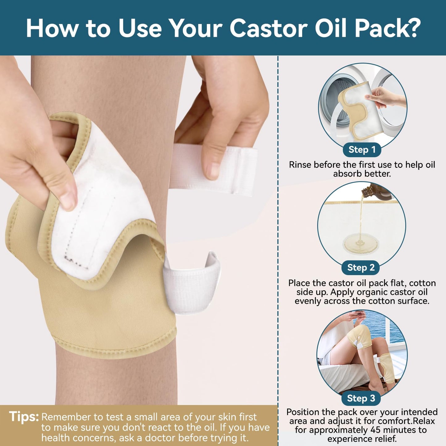 Taoscare Castor Oil Pack 4 Pack for Women – Reusable Organic Cotton Knee & Chest Wraps