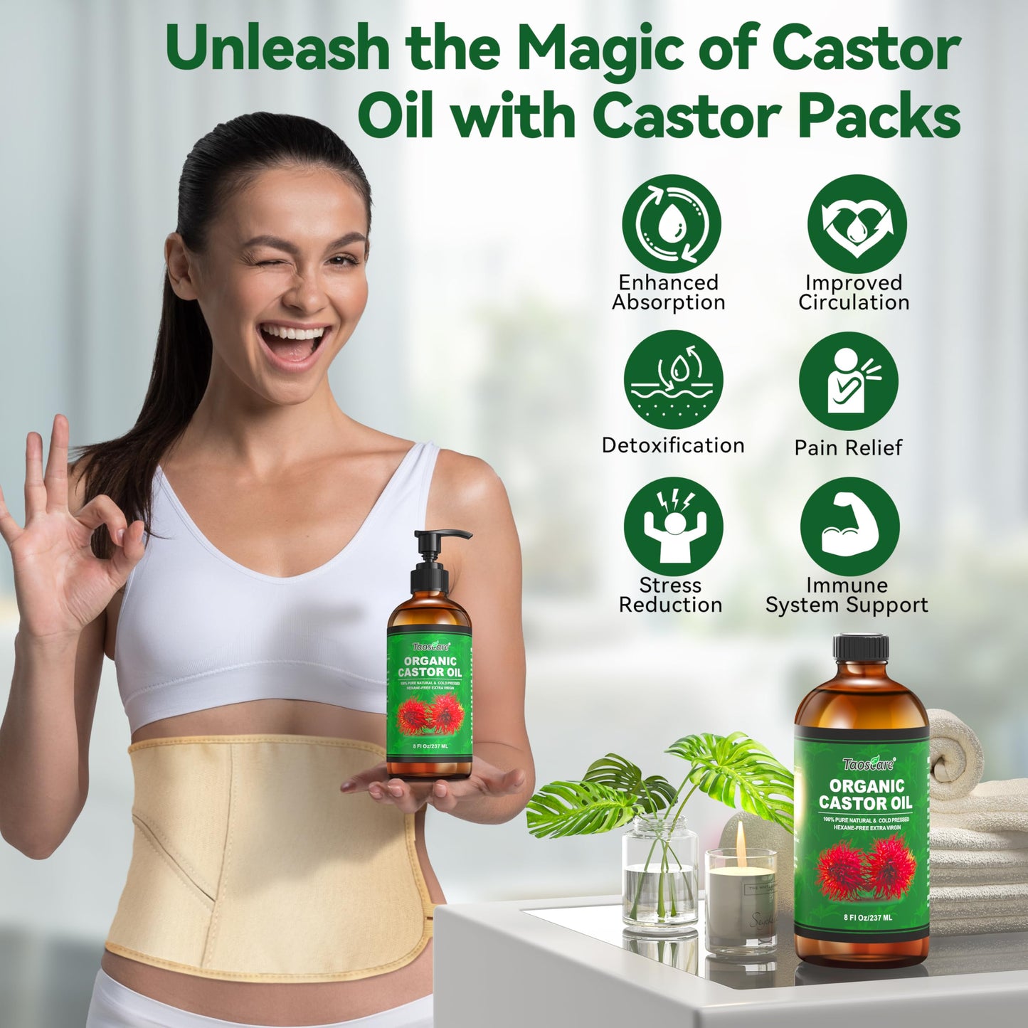 Taoscare 2 Pack Castor Oil – Organic Cold-Pressed, Unrefined with Pumps | 8 FL OZ x 2 for Hair, Skin, Lashes & Brows