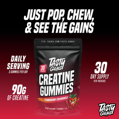TASTY GAINS Creatine Gummies – 90g, 1g Monohydrate per Gummy, Made in USA