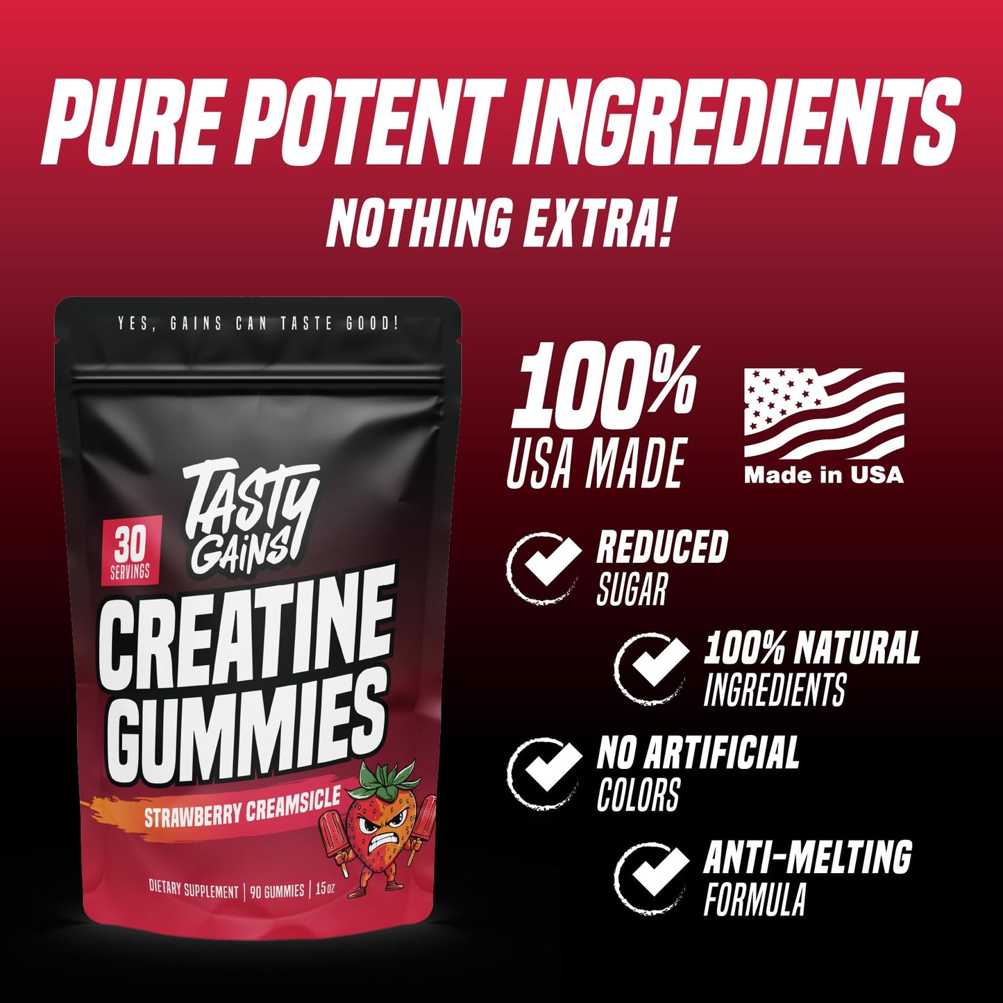 TASTY GAINS Creatine Gummies – 90g, 1g Monohydrate per Gummy, Made in USA
