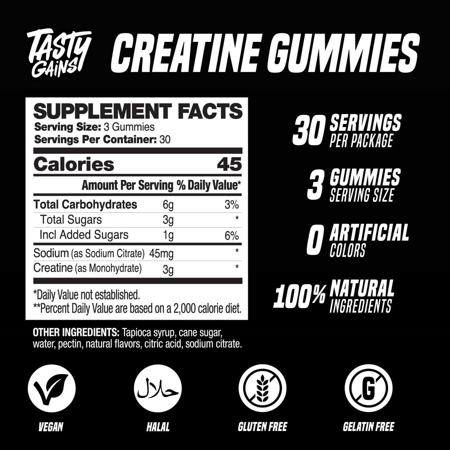 TASTY GAINS Creatine Gummies – 90g, 1g Monohydrate per Gummy, Made in USA