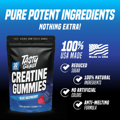 TASTY GAINS Creatine Gummies – 90g Creatine Monohydrate, Muscle Support, Vegan, Made in USA (Blue Raspberry)