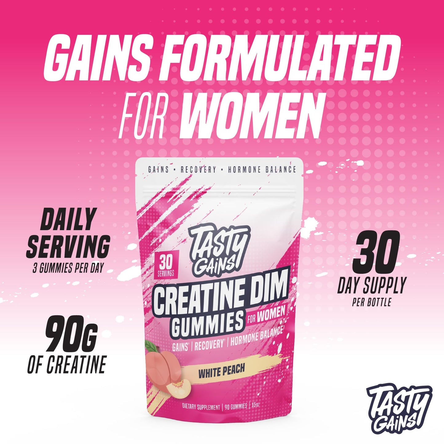 TASTY GAINS Creatine Gummies for Women | 3g Creatine Monohydrate per Serving | DIM 100 mg | Estrogen Balance | White Peach Flavor