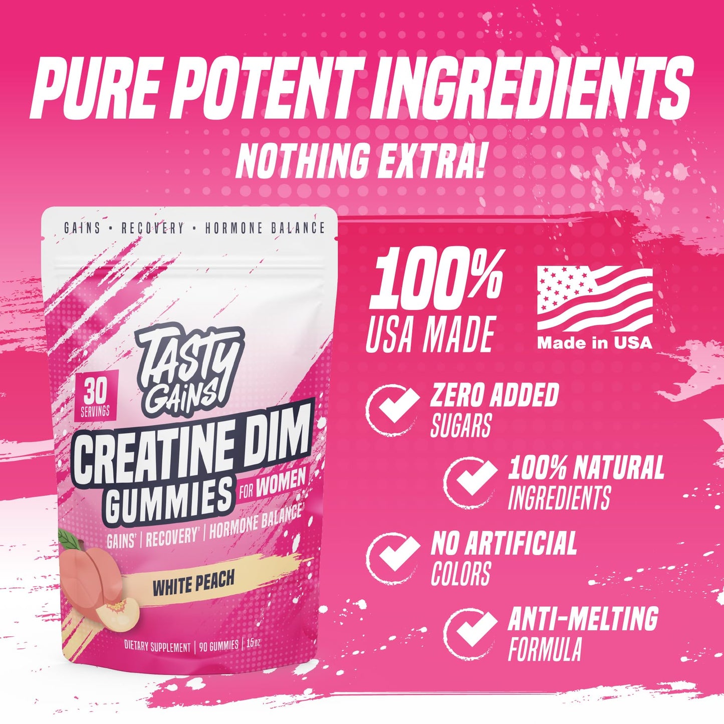 TASTY GAINS Creatine Gummies for Women | 3g Creatine Monohydrate per Serving | DIM 100 mg | Estrogen Balance | White Peach Flavor