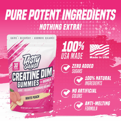TASTY GAINS Creatine Gummies for Women | 3g Creatine Monohydrate per Serving | DIM 100 mg | Estrogen Balance | White Peach Flavor