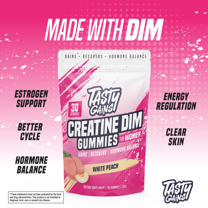 TASTY GAINS Creatine Gummies for Women | 3g Creatine Monohydrate per Serving | DIM 100 mg | Estrogen Balance | White Peach Flavor