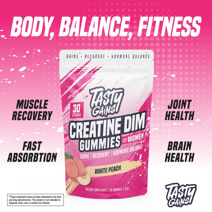 TASTY GAINS Creatine Gummies for Women | 3g Creatine Monohydrate per Serving | DIM 100 mg | Estrogen Balance | White Peach Flavor