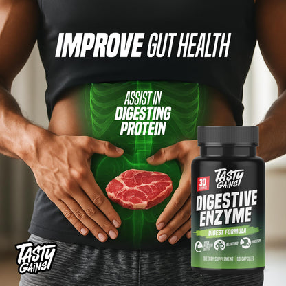TASTY GAINS Digestive Enzymes – Gut Health & Bloating Relief (60 Capsules)